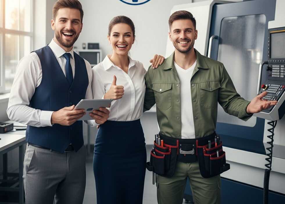 Drei lächelnde Mitarbeiter stehen in einer Werkstatt vor einer Industriemaschine mit dem Innovatech-Logo an der Wand.